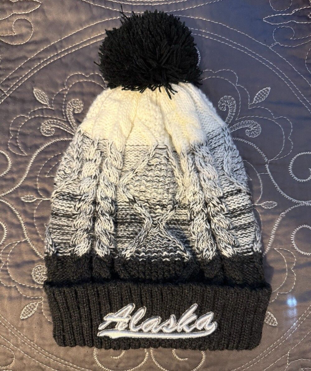 Alaska Winter Beanie Hat Cap Pom Pom White Black Grey Skiing Ski